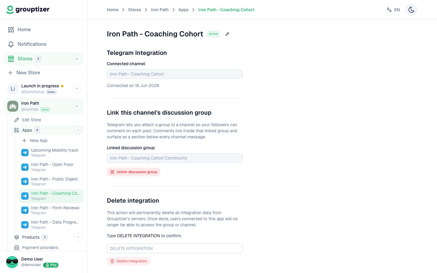 Verified integration with a channel and linked discussion group
