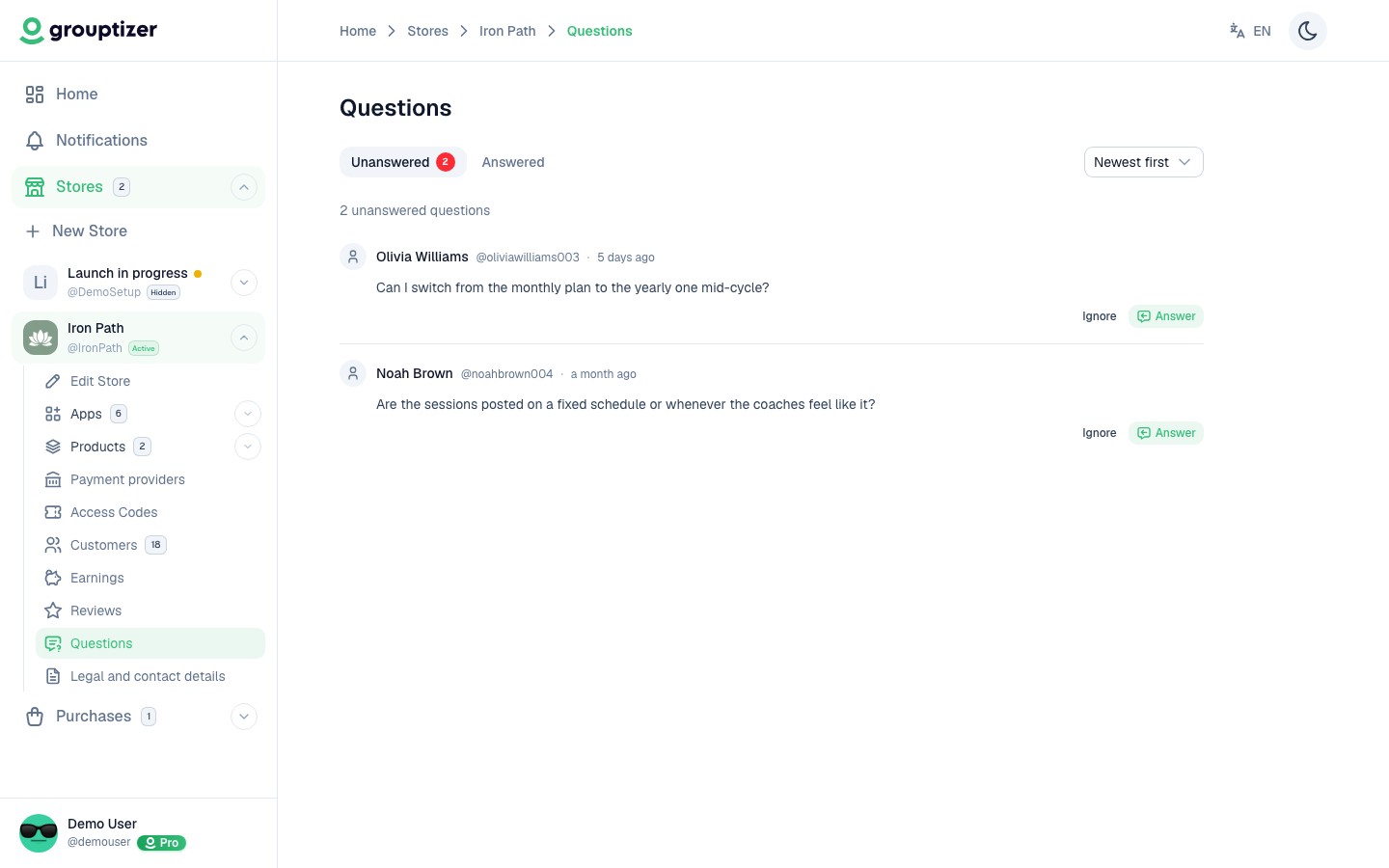 Questions screen