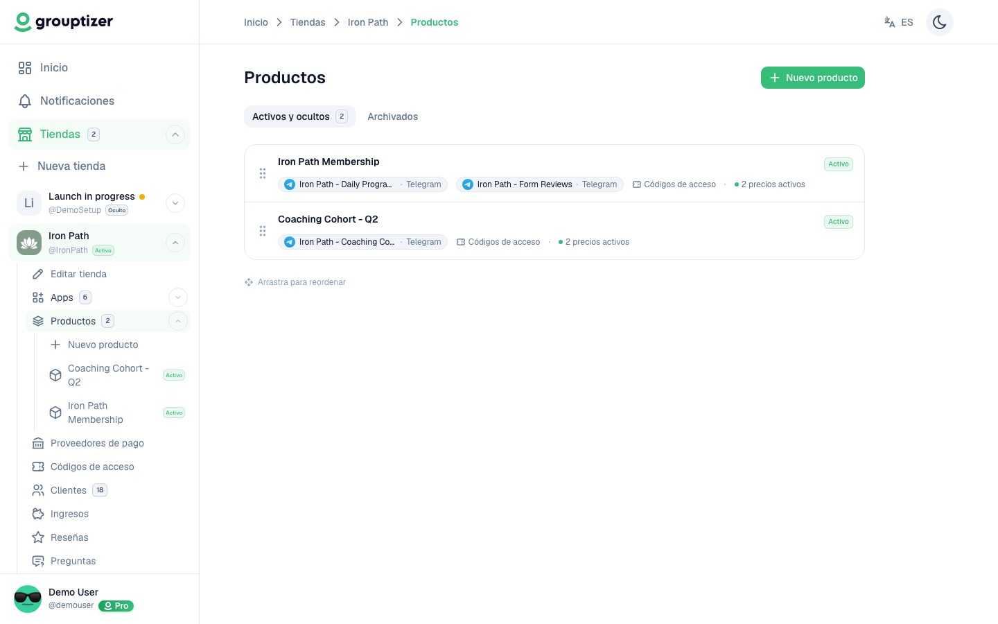 Listado de productos con reordenado